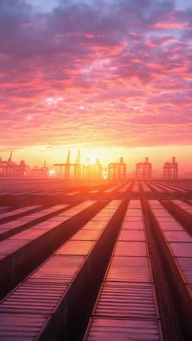 Sun Rising Over Port Container Terminal Reflecting Pink Clouds on Shipping Containers