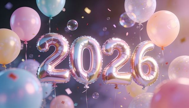 2026 metallic foil balloons floating amid pastel balloons, confetti, soft bokeh glow