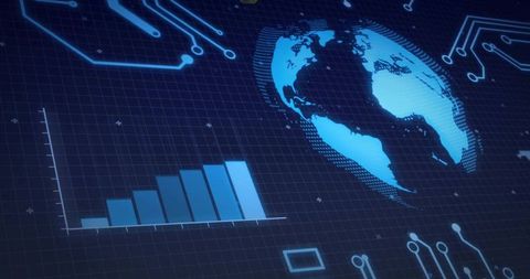 Futuristic digital globe rotating with rising bar chart and neon hud data visualization