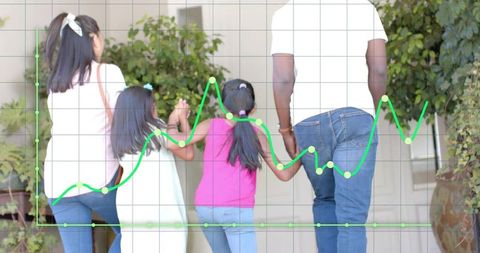 Family walking up front steps holding hands with green graph overlay for homeownership growth