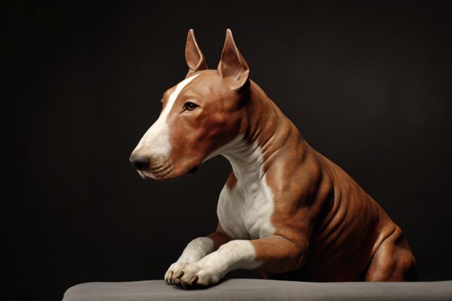 Brown bull terrier paws on grey surface on dark background, created using generative ai technology. Animal, pet and dog concept digitally generated image.