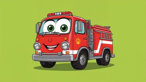 Smiling Cartoon Red Fire Truck with Ladder and Light Bar
