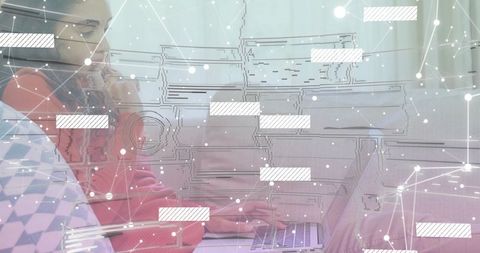 Tech-Savvy Woman Using Laptop with Digital Network Overlay