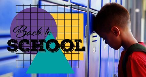 Sad Schoolboy Leaning on Lockers with Back to School Text