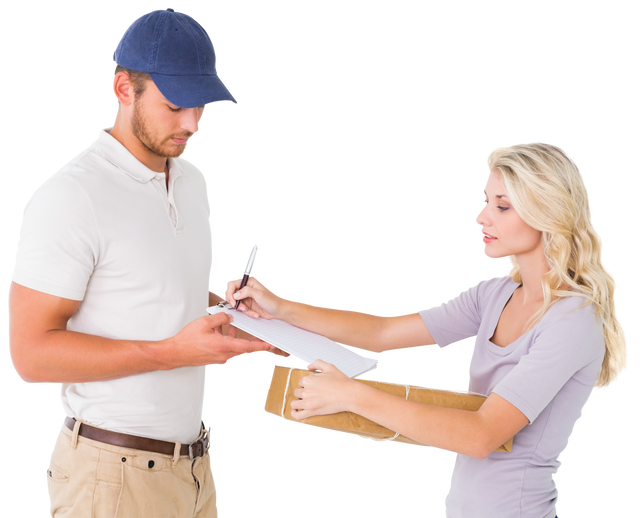 Transparent image of smiling delivery man giving package to customer signing at clipboard - Download Free Stock Videos Pikwizard.com