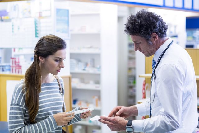 Pharmacist explaining prescriptions to a customer in a pharmacy. Useful for illustrating healthcare services, patient-pharmacist interactions, and the importance of professional medical advice in a retail pharmacy setting.