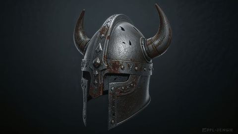Antique horned medieval metal helmet isolated on dark background