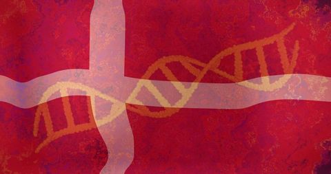 Blending Nordic cross with DNA helix in textured red flag for genetics and identity