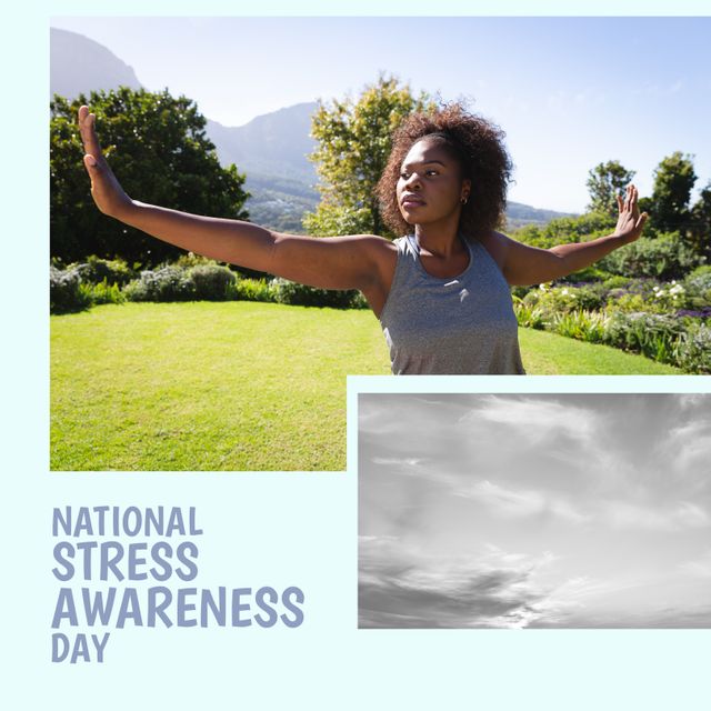 Composition of national stress awareness day text over african american woman practicing yoga. National stress awareness day and celebration concept digitally generated image.