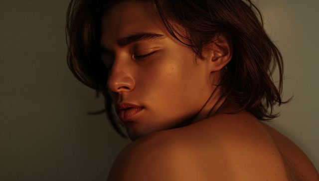 Golden-lit shirtless model turning with closed eyes, intimate cinematic portrait