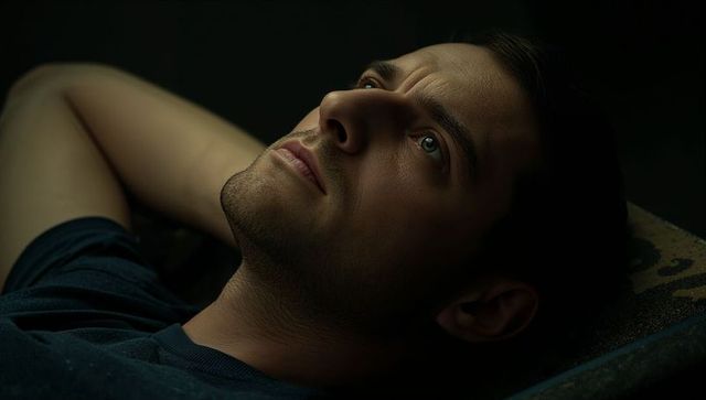 Young man lying and gazing upward in low-key moody portrait