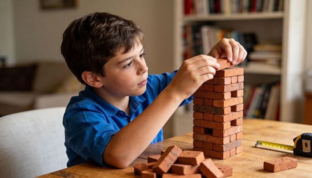 Preteen boy building tall brick tower on wooden table, concentrating on stacking blocks