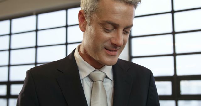 A middle-aged Caucasian businessman in a suit looks down thoughtfully, with copy space. His professional demeanor suggests a moment of contemplation or decision-making in a corporate environment.