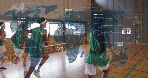 Youth female basketball team training in school gym with data overlay and sports analytics