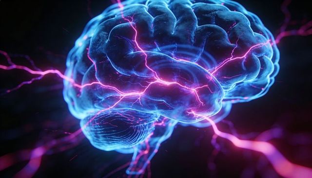 Glowing neon brain with electric neural pathways pulsing in futuristic cyber void