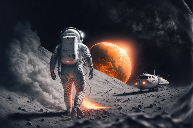 Astronaut shown walking on moon surface, with spacecraft landed nearby, and glowing planet in the background. This futuristic and awe-inspiring scene is perfect for science fiction book covers, educational materials about space exploration, and promotional materials for space and technology companies.