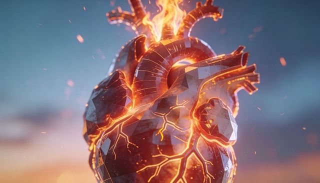 Glowing crystalline heart emitting molten veins and rising embers