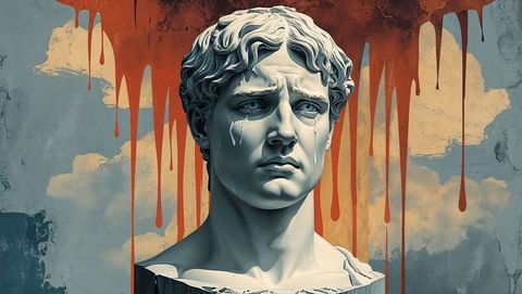 Emotional marble bust with dripping red paint overhead