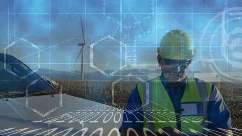 Engineer Analyzing Data with Wind Turbine Technology Overlay