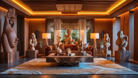 Luxury living room with sandalwood sculptures and elegant decor