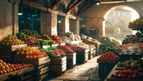 Sun-Kissed Produce Display in Rustic Marketplace