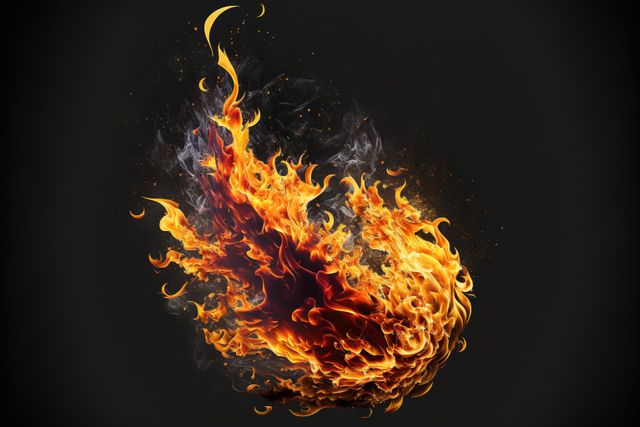 This image depicts a vivid swirl of flames against a dark background, with bright orange and yellow colors igniting a sense of heat and intensity. Ideal for use in advertising, graphic design projects, or as a striking visual in digital marketing materials aiming to convey energy, passion, or danger. It can also be used as a background in video production or themed presentations related to fire, heat, or aggressive dynamics.