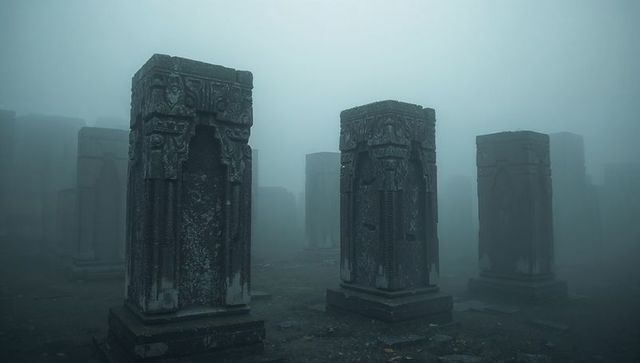Foggy ancient necropolis with carved stone pillars and weathered reliefs in misty ruin field