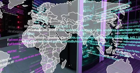 Digital world map overlay in server room for global data management concept