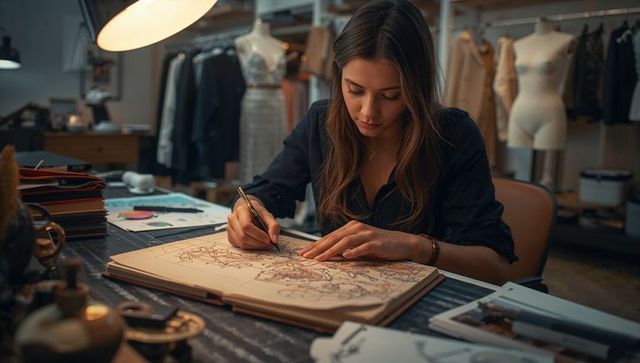 Young fashion designer sketching couture in dim atelier with dressforms and fabric swatches
