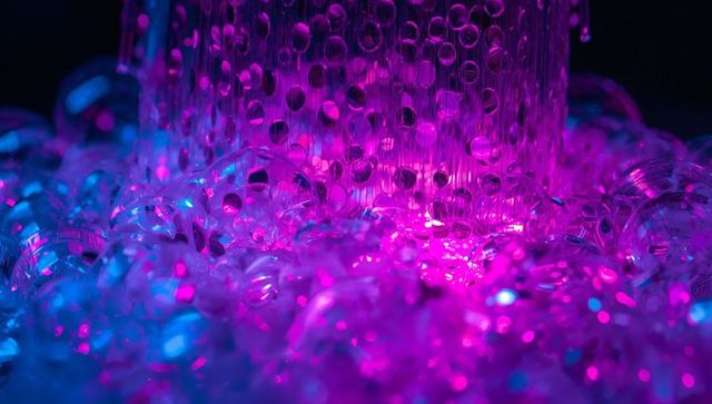 Magenta and blue glittering acrylic beads clustering around perforated cylinder macro bokeh