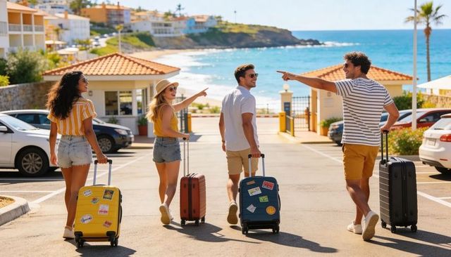 Friends walking toward beach with colorful suitcases at sunny coastal resort getaway