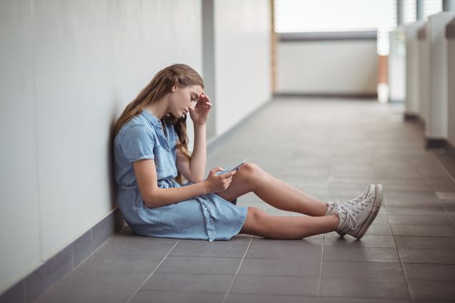 Teenage girl sitting on floor in school corridor, looking at mobile phone with sad expression. Ideal for use in articles or campaigns about teenage mental health, school stress, cyberbullying, or the impact of technology on youth. Can also be used in educational materials or counseling resources.