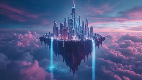 Futuristic Floating City Streaming Neon Waterfalls at Dusk