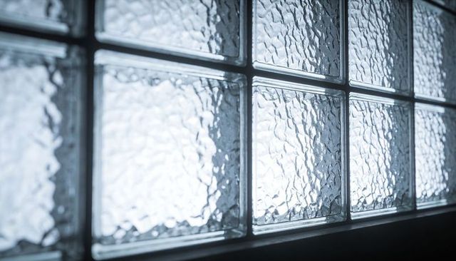 Textured glass block wall diffusing daylight, geometric grid of translucent panels and soft light