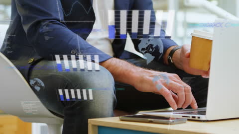 Businessman Using Laptop Surrounded by Animated Data Visuals