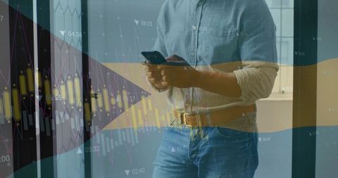 Financial Data Overlay with Businessman Using Smartphone