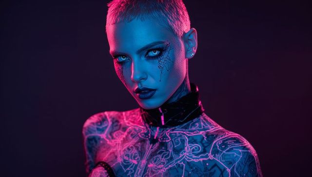 Edgy cyberpunk model with neon tattoos in futuristic lighting