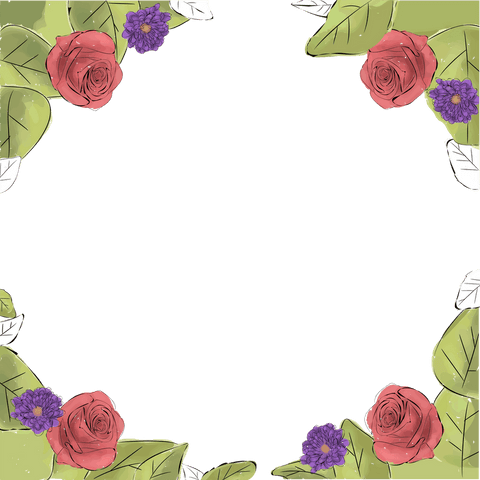 Floral border with red roses and purple daisies, transparent background