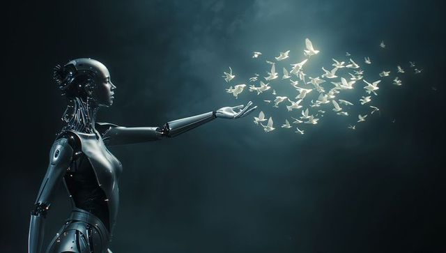 Futuristic android extending hand releasing glowing origami bird flock in foggy void