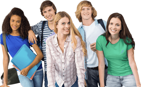 Transparent smiling group of young diverse students with books
