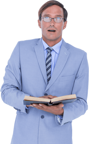 Transparent Suprised Businessman Holding Open Book Presentation