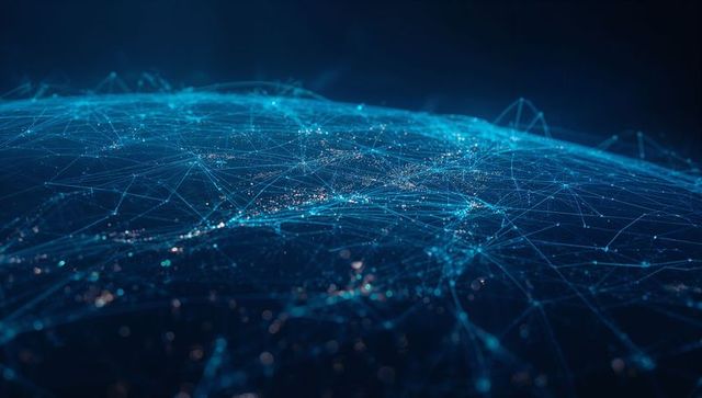 Futuristic digital network mesh in cyberspace with glowing nodes