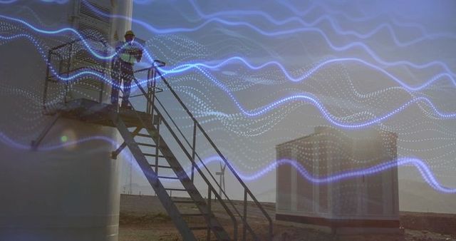 Engineer Uses Tablet on Wind Turbine with Data Overlay