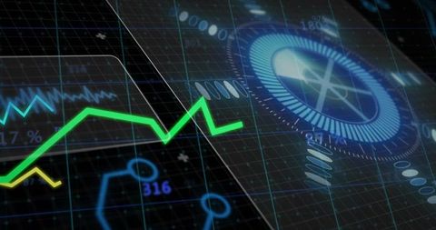Futuristic Data Dashboard Showing Neon Analytics HUD with Green Trend Line and Telemetry