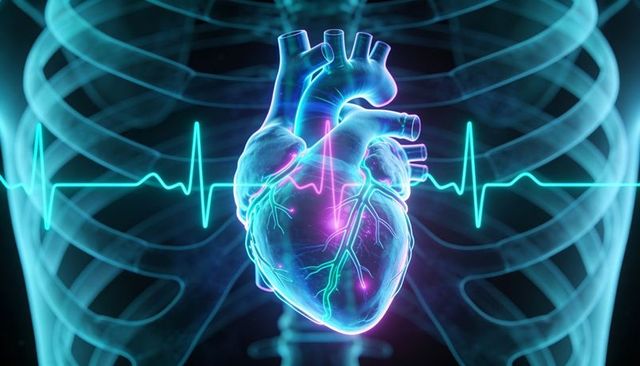 Glowing neon 3D heart floating in translucent ribcage with ECG waveform and coronary detail