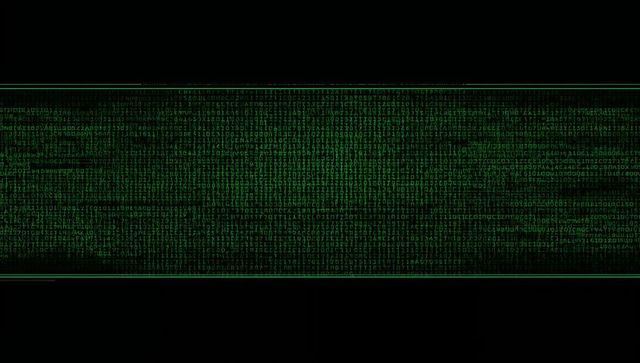 Green matrix code band displaying dense binary stream with neon hud border