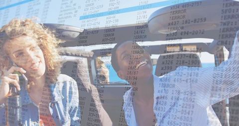 Friends enjoying convertible ride with error code overlay