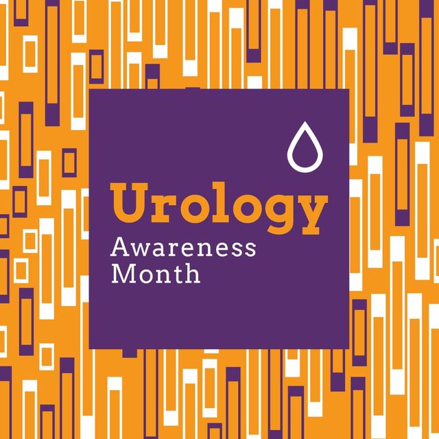 This illustration promotes Urology Awareness Month with a bold, abstract background featuring orange and purple elements. The design includes a white drop and modern text, ideal for use in medical campaigns, health awareness events, social media posts, and educational materials.