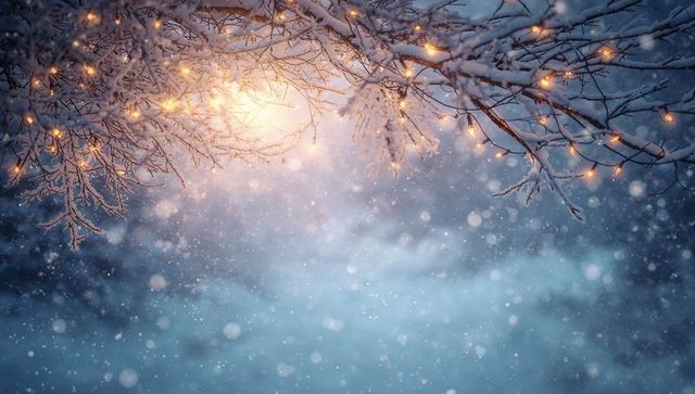 Snow-laden branches glowing with warm string lights at twilight, falling snow bokeh