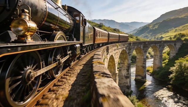 Vintage steam locomotive crossing curved stone viaduct over river in lush mountain valley